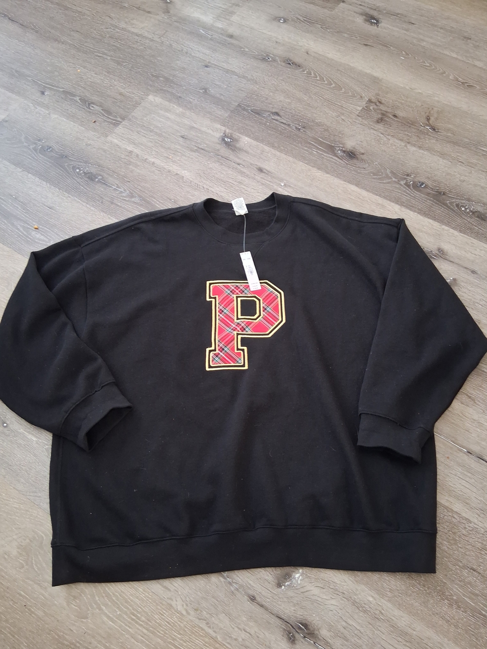 Victoria Secret Pink Sweatshirt XXL Black Crewneck Sweater Patch Plaid Black